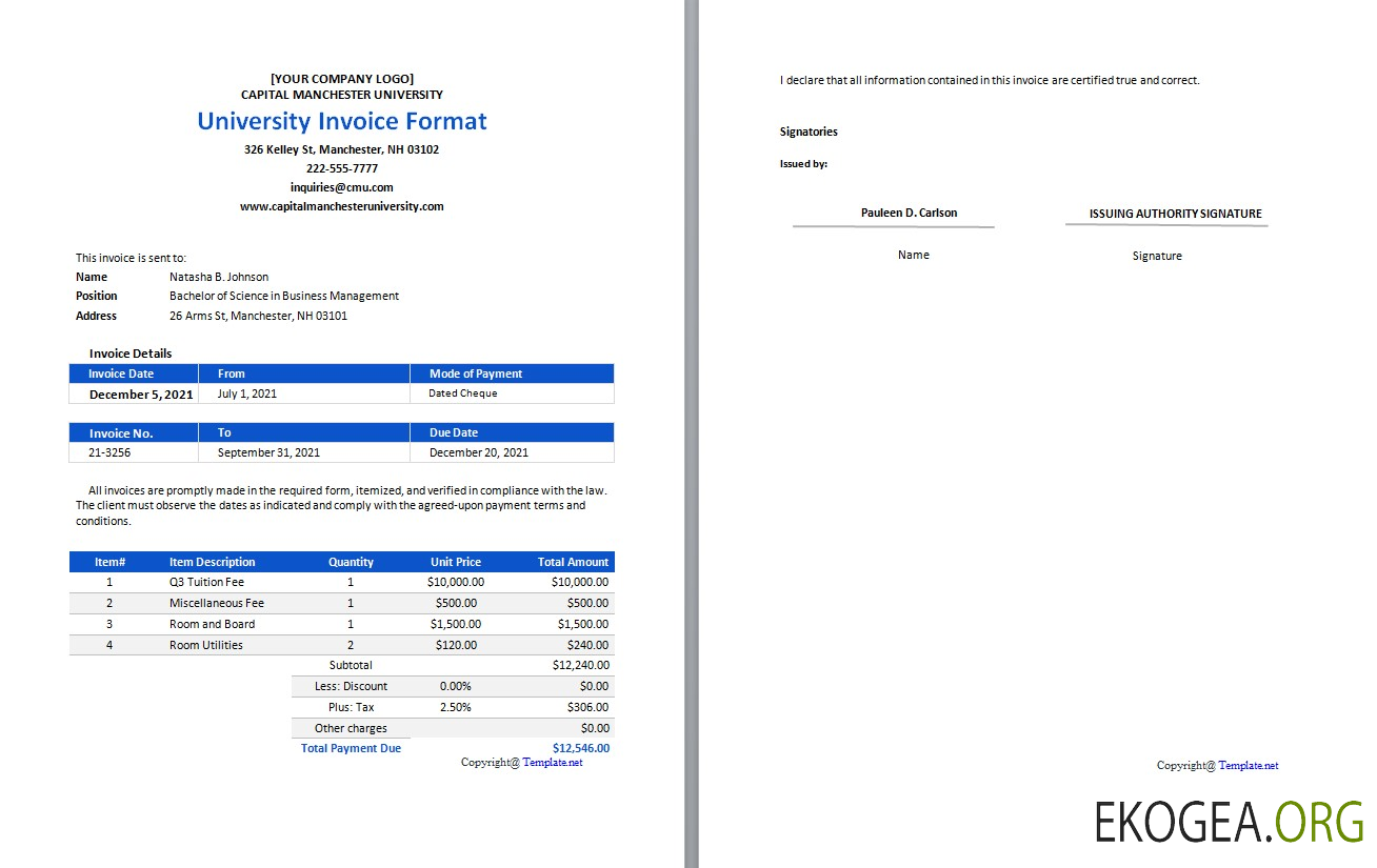 Modèle de format de facture universitaire gratuit
